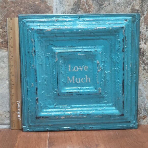 Turquoise Distressed Love Much Tin Metal on Wood Frame Hanging Wall Decor - Picture 4 of 12